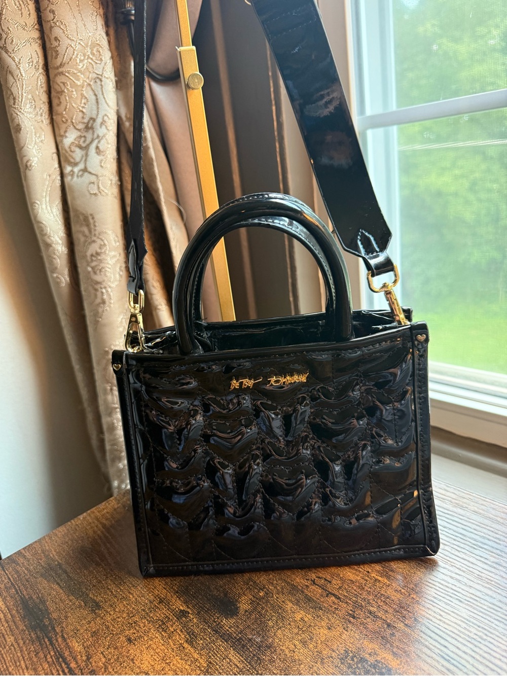 Betsey Johnson Black Patent Mini Tote with Gold Accents